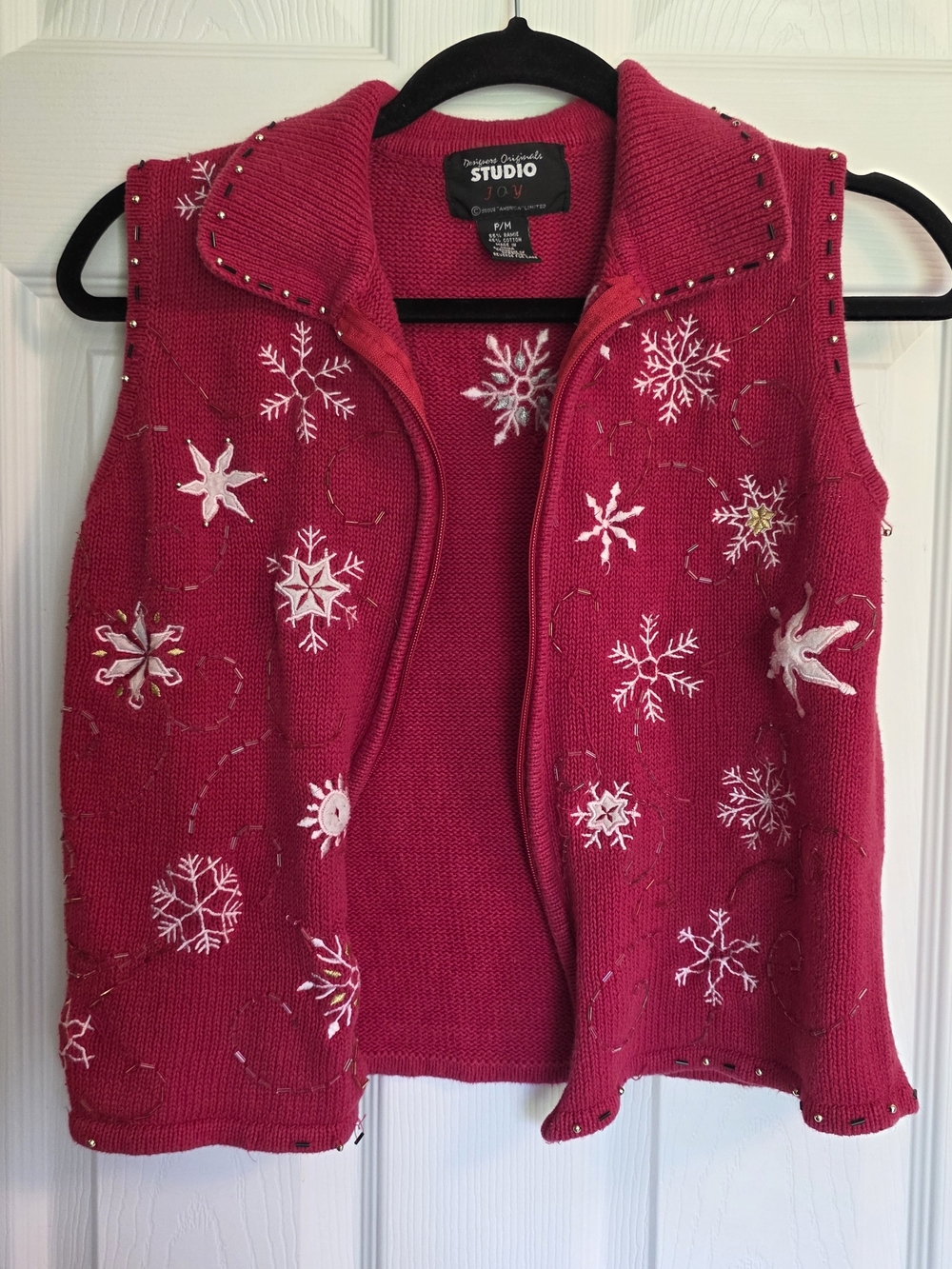 Women's Red Embellished Snowflake Sweater Vest